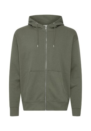 Olive green zip-up hoodie made from soft cotton blend, featuring a drawstring hood, front pockets, and ribbed cuffs and hem.