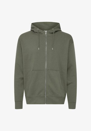 Olive green zip-up hoodie made from soft cotton blend, featuring a drawstring hood, front pockets, and ribbed cuffs and hem.