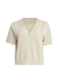 Korte mouwen, v-hals cardigan in crèmekleurige brei, met een gestructureerd ruitenpatroon en een sluiting met vijf knopen aan de voorkant.