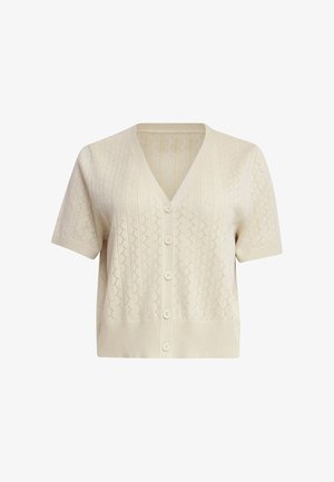 Kurzärmlige, v-Ausschnitt Strickjacke in Creme mit einem strukturierten Rautenmuster und einer Knopfleiste mit fünf Knöpfen an der Vorderseite.