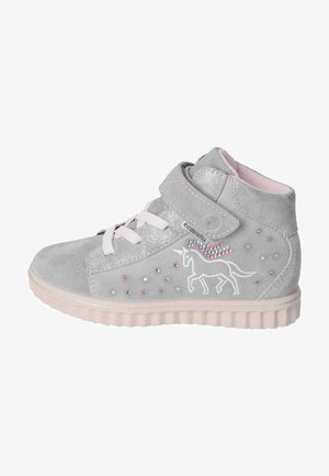Grå og pink høj-top sneakers til førskuere med velcro-strop, snørebånd, rhinsten-unicorn design og polstret sål.