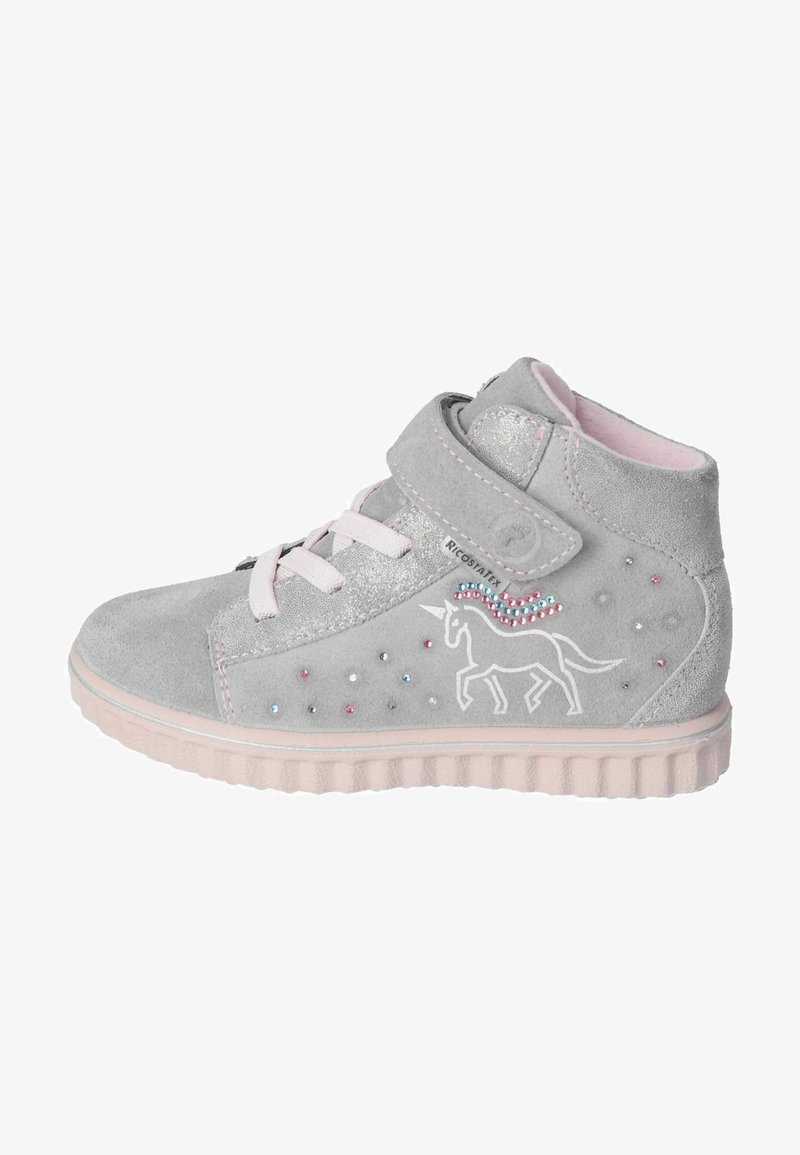 Graue und rosa Kleinkind-Hochschnitt-Sneaker mit Klettverschluss, Schnürsenkeln, einem Design mit glitzerndem Einhorn und gepolsterter Sohle.