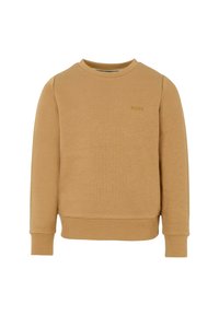 Brązowy sweatshirt wykonany z teksturowanej tkaniny, z okrągłym dekoltem, długimi rękawami, ściągaczami przy mankietach oraz delikatnym wytłoczonym logo na piersi.