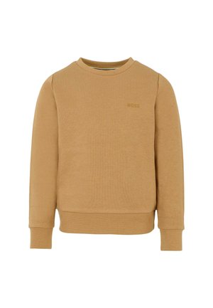 Sweatshirt marron en tissu texturé, avec un col rond, des manches longues, des poignets côtelés et un logo légèrement embouti sur la poitrine.