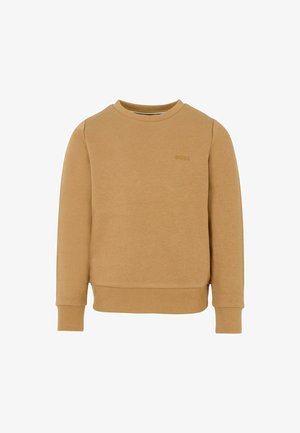 Felpa marrone realizzata in tessuto strutturato, con scollo rotondo, maniche lunghe, polsini a costine e un logo embossato discreto sul petto.