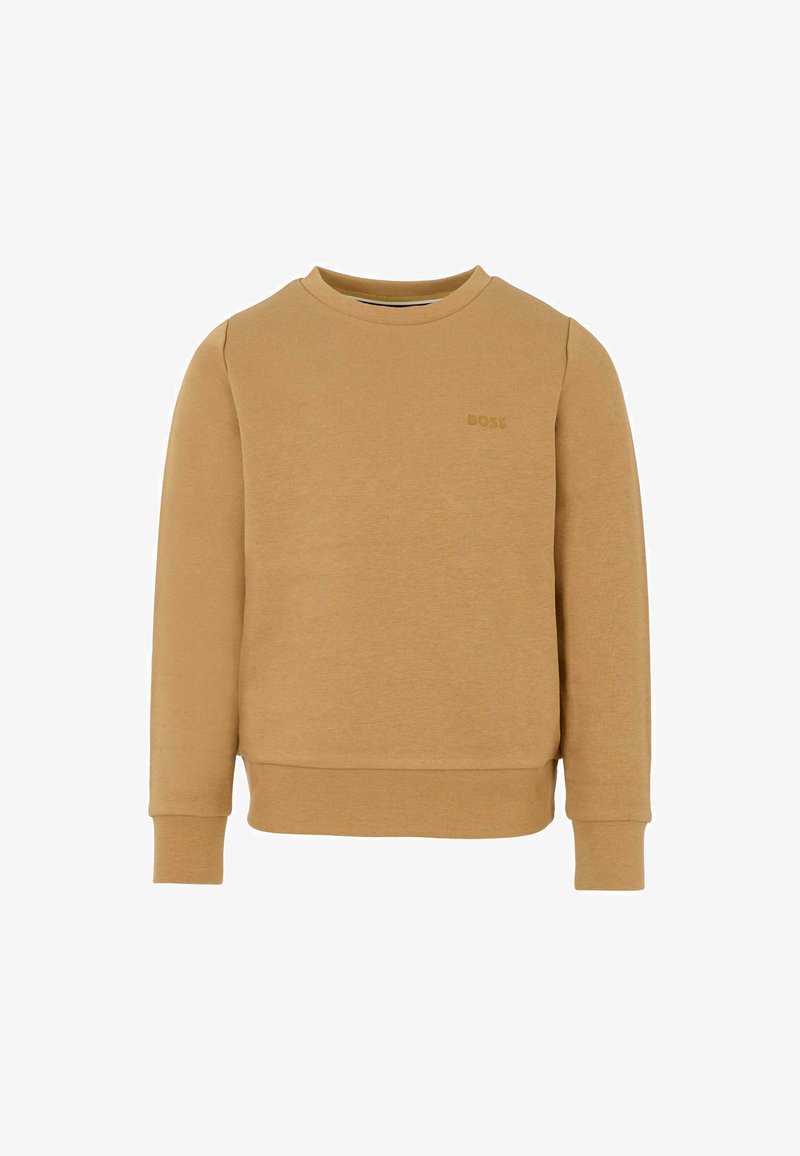 Brązowy sweatshirt wykonany z teksturowanej tkaniny, z okrągłym dekoltem, długimi rękawami, ściągaczami przy mankietach oraz delikatnym wytłoczonym logo na piersi.