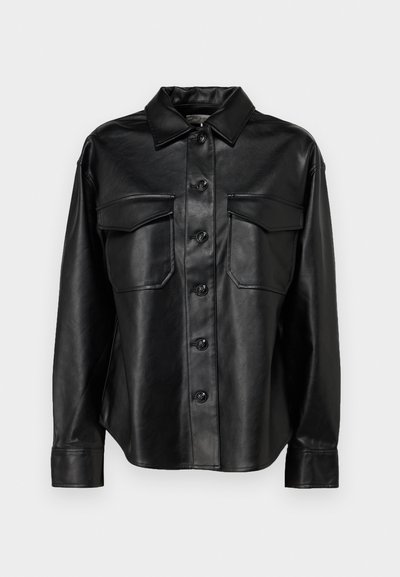 Black leather shirt jacket with a button-front closure, two chest pockets, and a classic collar. Features a smooth texture and tailored fit.