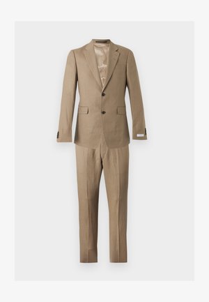 Beige two-piece suit with notch lapel blazer, two front flap pockets, two-button closure, and matching straight-leg trousers.