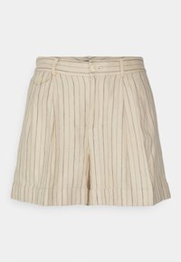 Béžové lněné kraťasy s vertikálními námořnickými pruhy, s širokým pasem, dvěma předními sklady a zavinovaným lemem. Dvě knoflíkové zapínání.