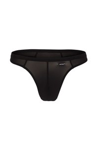 Schwarzer Tanga aus durchsichtiger Stoff. Verfügt über einen glatten Taillenbund und ein minimalistisches Design mit kontrastierenden Nähten. Das Etikett trägt die Aufschrift "olaf benz."