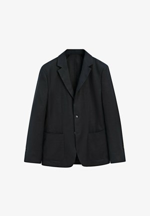 Černý blazer vyrobený z lehkého materiálu, s klopovým límcem, dvěma předními kapsami a jedním knoflíkem na zapínání. Hladká textura.