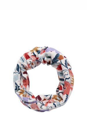 Elastic circular din material cu un model floral multicolor ce include tonuri de roșu, violet, muștar și albastru pe un fundal alb.