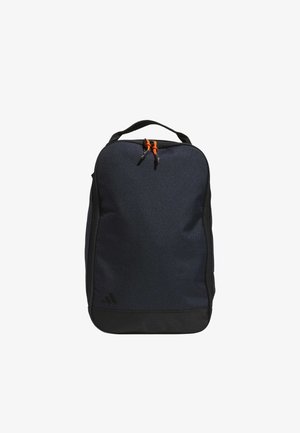 Zaino realizzato in tessuto blu scuro con accenti neri. Caratterizzato da una maniglia superiore e tirazip arancioni. Include un logo nell'angolo inferiore.