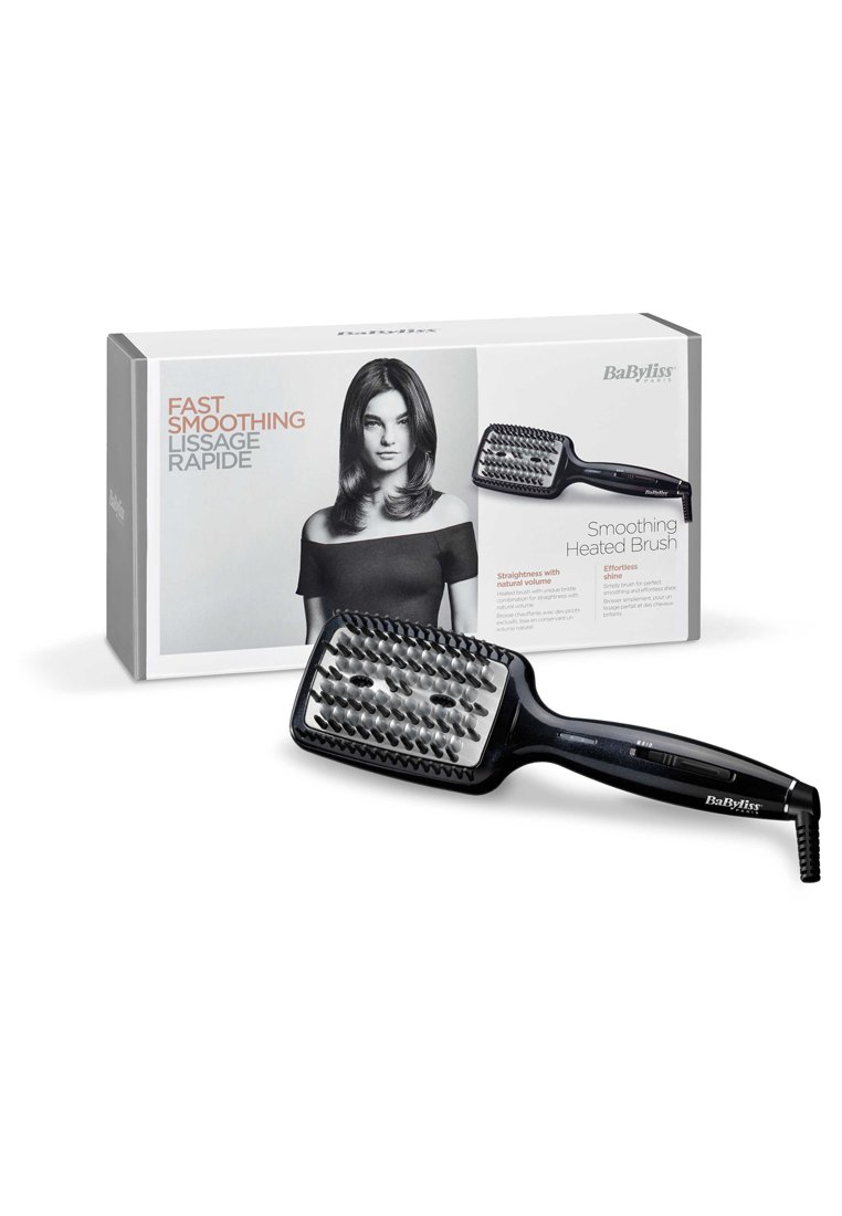 Schwarze beheizte Glättbürste mit ovalem Kopf, einzigartigem Borstendesign zum Greifen der Haare und einem strukturierten Griff. Die Verpackung zeigt Modell und Funktionen.