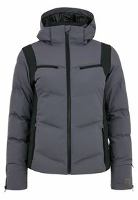 Grau gefütterte Jacke mit schwarzen Akzenten, hoher Kragen, Reißverschlusstaschen und gerippten Bündchen. Wasserdichtes Material mit genähten Details.