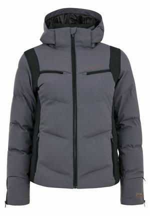 Sivi puffer jakna s crnim detaljima, koja ima visoki ovratnik, džepove sa patentnim zatvaračem i rebraste manžete. Vodootporan materijal s prošivenim detaljima.