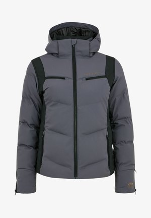 Šedá péřová bunda s černými akcenty, vysokým límcem, zipovými kapsami a žebrovanými manžetami. Vodotěsný materiál s prošívanými detaily.