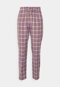 Pantalons à carreaux présentant un mélange de couleurs rouge, bleu, jaune et violet, avec une taille à cordon de serrage et une coupe décontractée à jambes droites.