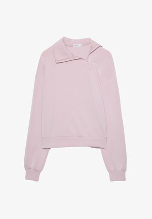 Hellrosa Pullover-Sweatshirt mit halbseitigem Reißverschluss-Kragen, überschnittenen Schultern und gerippten Bündchen. Hergestellt aus weichem, glattem Material mit lockerer Passform.