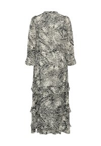 Robe longue imprimée zèbre en noir et blanc avec manches longues et détails à volants superposés à l'ourlet et aux poignets, vue de dos.