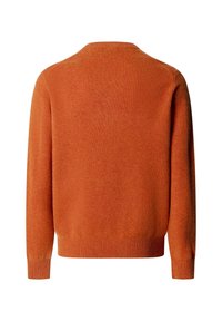 Rdzawopomarańczowy sweter z dzianiny z okrągłym dekoltem, ribbowanym dołem i długimi rękawami. Miękka faktura z prostym, eleganckim wzorem.