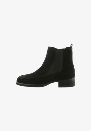 Schwarze Wildleder-Stiefelette mit elastischen seitlichen Einsätzen, runder Zehenform, auffälliger Naht und niedrigem Blockabsatz. Verfügt über eine Schlaufe an der Rückseite.