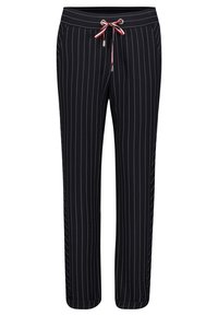 Svart randiga byxor med dragsko i midjan och röda och vita detaljer. Tillverkade av ett mjukt, slätt material med rak ben-design.