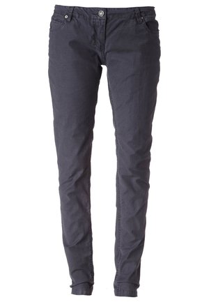 Dunkelgraue Slim-Fit-Hose mit Knopfverschluss, vorderen Taschen und Gürtelschlaufen, vor weißem Hintergrund dargestellt.