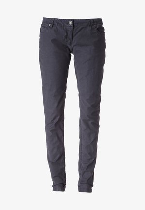 Tummanharmaat slim-fit-housut, joissa nappikiinnitys, etutaskut ja vyölenkit, valkoista taustaa vasten esillä.