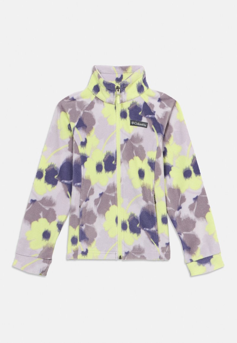 Φλις μπουφάν με φερμουάρ, σε μοτίβο λουλουδιών σε μωβ, κίτρινο και γκρι. Ψηλός γιακάς, μανίκια ράγκλαν και ταμπέλα με το λογότυπο στο στήθος.