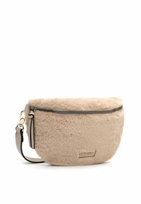 Sac en fausse fourrure beige en bandoulière avec fermeture à glissière, forme arrondie plate et détail de logo doré. Bandoulière réglable avec accents noirs.
