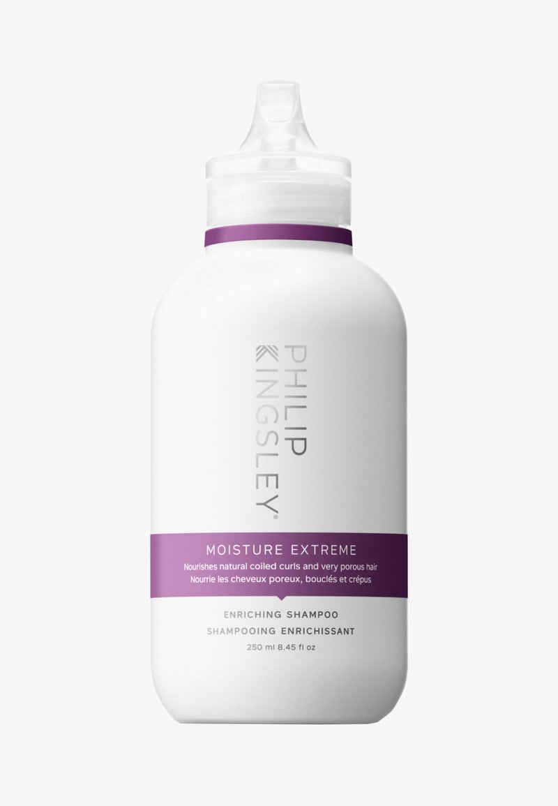 Weiße Plastikflasche mit einer verjüngten Düse, lila Band und silbernem Text. Enthält 250 ml "Moisture Extreme" pflegendes Shampoo.