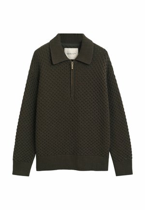 Dunkelgrüner Strickpullover mit einem strukturierten Muster, ausgestattet mit einem gerippten Kragen und Saum sowie einem halben Reißverschluss auf der Vorderseite.