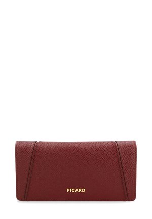 Red textured leather wallet with a smooth finish, featuring gold "PICARD" logo and stitched accents on the front.
