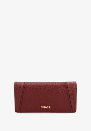 Red textured leather wallet with a smooth finish, featuring gold "PICARD" logo and stitched accents on the front.