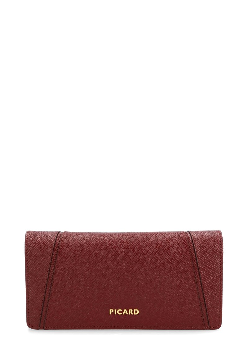 Red textured leather wallet with a smooth finish, featuring gold "PICARD" logo and stitched accents on the front.