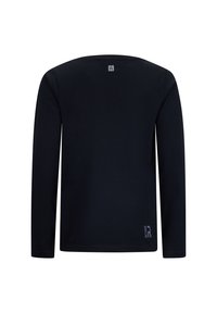 Schwarzes Langarmshirt aus weichem Stoff, mit Rundhalsausschnitt, flachen Nähten und einem kleinen Logo auf der Rückseite in der Nähe des Halsausschnitts.
