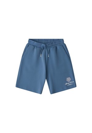 Pantalones cortos casuales azules con cintura elástica, cordón ajustable, bolsillos laterales y texto de logo blanco en la pierna izquierda.