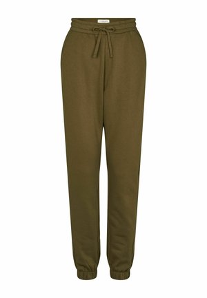Olijfgroene sweatpants gemaakt van zachte stof, met een elastische tailleband met een trekkoord en elastische boorden bij de enkels.