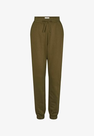 Olive green sweatpants made of soft fabric, featuring an elastic waistband with drawstring, and elastic cuffs at the ankle.