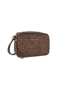 Borsa per cosmetici con stampa leopardata, texture morbida, cerniera nera e dettagli dorati. Presenta una tracolla rimovibile per un facile trasporto.