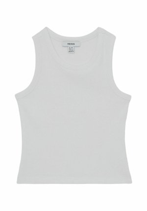 Fehér bordázott ujjatlan trikó, kerek nyakkivágással, puha, rugalmas pamutkeverék anyagból készült.