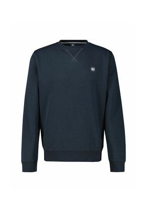 Granatowa bluza z miękkiej mieszanki bawełny, z okrągłym dekoltem, ściągaczami przy mankietach i u dołu, z małą naszywką logo na piersi.