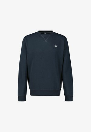 Granatowa bluza z miękkiej mieszanki bawełny, z okrągłym dekoltem, ściągaczami przy mankietach i u dołu, z małą naszywką logo na piersi.