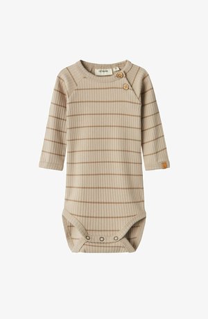 Bežani rebrasti bodi za bebe s smešnim smešanim smešnim smešanicama, okrugli izrez, dva drvena dugmeta kao detalj i kopče na dnu.