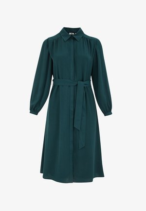 Teal kleurige jurk van lichtgewicht stof met een kraag, lange pofmouwen, een riem in de taille en een knielengte silhouet.