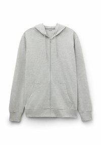 Hellgraue Zip-Hoodie mit Kordelzügen, vorderen Taschen und gerippten Bündchen und Saum, flach auf einem weißen Hintergrund ausgelegt.
