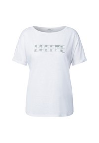 T-shirt en coton blanc avec des manches courtes roulées, arborant un imprimé graphique vert qui indique "BREEZE FRESH & WHISPERING" sur le devant.