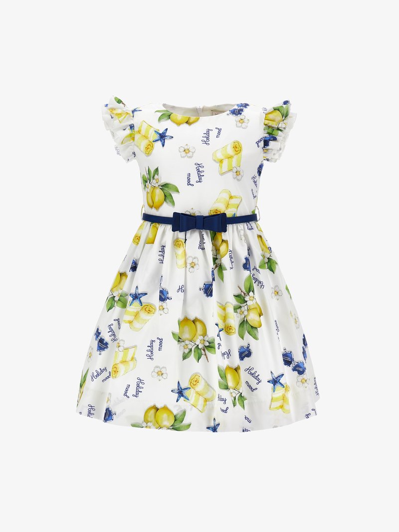 Fehér lányruha citrom, tengeri csillag és törölköző mintákkal, "Holiday mood" felirattal, fodros ujjakkal és tengerészkék masnis övvel a derékon.