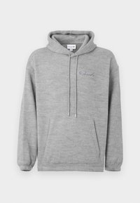 Haut de survêtement gris en tissu doux, avec une poche kangourou, une capuche à cordon de serrage et un logo brodé "R. Lacoste" en bleu.